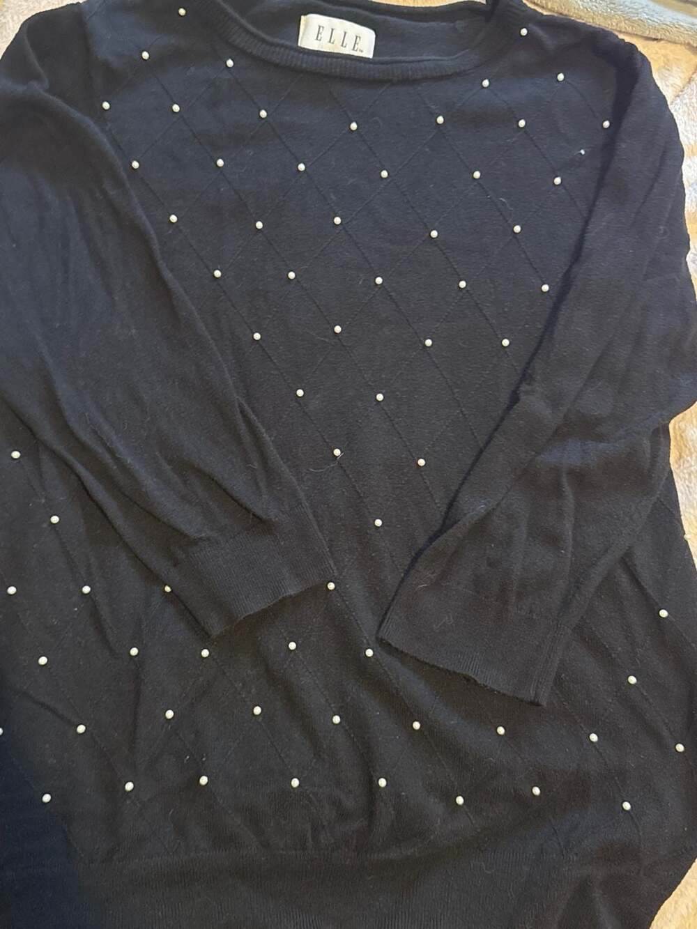 Elle Sweater Size L Black Faux Pearl Embellished Crewneck